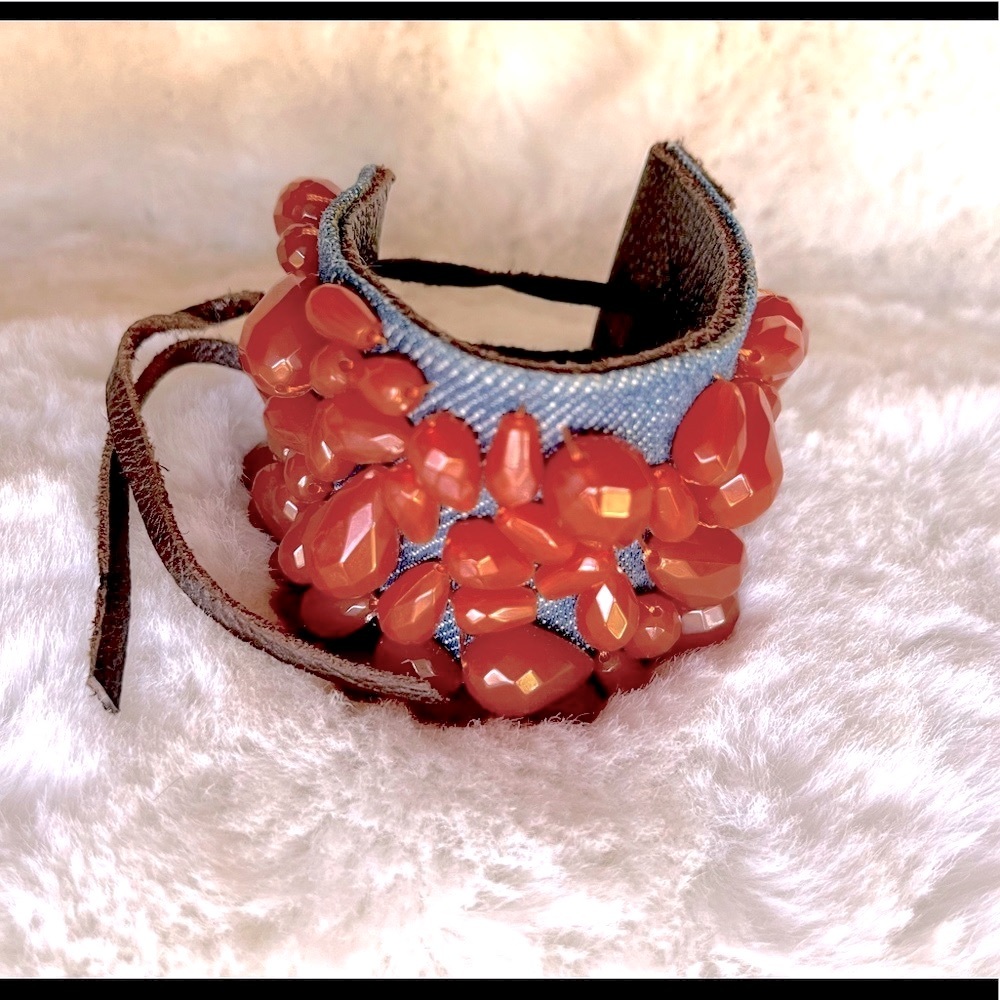 🍀 Lucky Brand Cuff Bracelet in Denim, Leather and Amber Beads 🍀